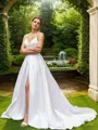 A-line V-Neck Delicate Sleeveless Court Train Satin Wedding Dresses