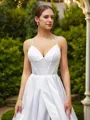 A-line V-Neck Delicate Sleeveless Court Train Satin Wedding Dresses