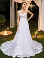 A-line Spaghetti Straps Glam Sleeveless Chapel Train Lace Wedding Dresses