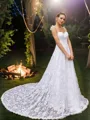 A-line Spaghetti Straps Glam Sleeveless Chapel Train Lace Wedding Dresses