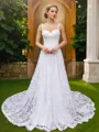 A-line Spaghetti Straps Glam Sleeveless Chapel Train Lace Wedding Dresses
