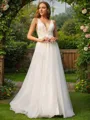 A-line V-Neck Sleeveless Elegant Sweep Train Open Back Tulle Wedding Dresses