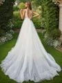 A-line V-Neck Sleeveless Elegant Sweep Train Open Back Tulle Wedding Dresses