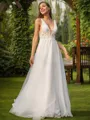 A-line V-Neck Sleeveless Elegant Sweep Train Open Back Tulle Wedding Dresses