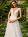 A-line V-Neck Sleeveless Elegant Sweep Train Open Back Tulle Wedding Dresses