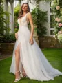 A-line V-Neck Sleeveless Elegant Sweep Train Open Back Tulle Wedding Dresses