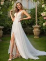A-line V-Neck Sleeveless Elegant Sweep Train Open Back Tulle Wedding Dresses