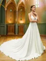 A-line V-Neck Unique Sleeveless Cathedral Train Stretch Crepe Wedding Dresses