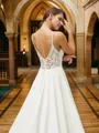 A-line V-Neck Unique Sleeveless Cathedral Train Stretch Crepe Wedding Dresses