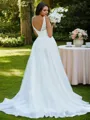 A-line Scoop Sleeveless Beautiful Sweep Train Tulle Wedding Dresses