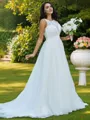A-line Scoop Sleeveless Beautiful Sweep Train Tulle Wedding Dresses