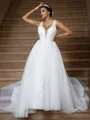 Modest A-line V-Neck Sleeveless Sweep Train Tulle Wedding Dresses