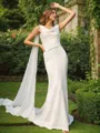 Sheath/Column Scoop Snug Sleeveless Sweep Train Silk like Satin Wedding Dresses