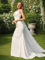 Sheath/Column Scoop Snug Sleeveless Sweep Train Silk like Satin Wedding Dresses