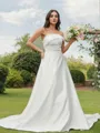 A-line Strapless Sleeveless Pretty Sweep Train Satin Wedding Dresses