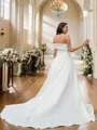A-line Strapless Sleeveless Pretty Sweep Train Satin Wedding Dresses