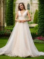 Graceful A-line V-Neck Sleeveless Sweep Train Tulle Wedding Dresses