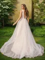 Graceful A-line V-Neck Sleeveless Sweep Train Tulle Wedding Dresses