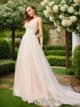 Graceful A-line V-Neck Sleeveless Sweep Train Tulle Wedding Dresses