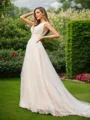 Graceful A-line V-Neck Sleeveless Sweep Train Tulle Wedding Dresses