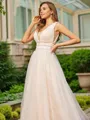 Graceful A-line V-Neck Sleeveless Sweep Train Tulle Wedding Dresses
