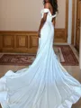 Sheath/Column Off-the-Shoulder Trendy Silk like Satin Cathedral Train Corset Wedding Dress With Slit