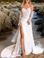 Glam Sheath/Column Sweetheart Long Sleeves Silk like Satin Chapel Train Corset Wedding Dress With Slit