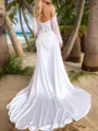 Glam Sheath/Column Sweetheart Long Sleeves Silk like Satin Chapel Train Corset Wedding Dress With Slit