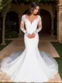Trumpet/Mermaid Scoop Long Sleeves Stretch Crepe Exquisite Cathedral Train Wedding Dress With Appliques Lace