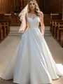 Luxurious A-line Straps Satin Court Train Corset Wedding Dress With Pockets