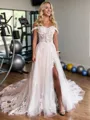 A-line Unique Off-the-Shoulder Tulle Chapel Train Corset Wedding Dress With Slit