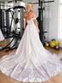 A-line Unique Off-the-Shoulder Tulle Chapel Train Corset Wedding Dress With Slit