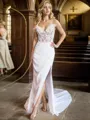 Classy Sheath/Column V-Neck Charmeuse Court Train Corset Wedding Dress With Slit