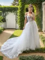 Sheath/Column Fashion Off-the-Shoulder  Tulle Chapel Train Wedding Dress With Appliques Lace