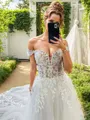 Sheath/Column Fashion Off-the-Shoulder  Tulle Chapel Train Wedding Dress With Appliques Lace