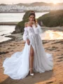 A-line Pretty Off-the-Shoulder Long Sleeves Tulle Court Train Corset Wedding Dress With Slit