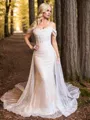 Sheath/Column Charming Off-the-Shoulder   Chapel Train Corset Wedding Dress With Pleated