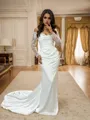 Sheath/Column Glamorous Off-the-Shoulder Long Sleeves Silk like Satin Court Train Wedding Dress