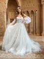 Convertible A-line Off-the-Shoulder Long Sleeves Tulle Chapel Train Corset Wedding Dress