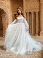 Convertible A-line Off-the-Shoulder Long Sleeves Tulle Chapel Train Corset Wedding Dress