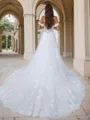 Exquisite A-line Off-the-Shoulder Tulle Cathedral Train Corset Wedding Dress With Slit