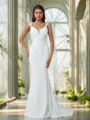 Sheath/Column Exquisite V-neck Stretch Crepe Chapel Train Wedding Dress With Appliques Lace