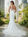 Sheath/Column Exquisite V-neck Stretch Crepe Chapel Train Wedding Dress With Appliques Lace