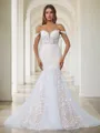 Trumpet/Mermaid Exquisite Off-the-Shoulder Tulle Cathedral Train Corset Wedding Dress With Appliques Lace