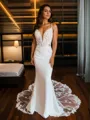 Sheath/Column Fashion V-neck Cathedral Train Stretch Crepe Wedding Dress With Appliques Lace