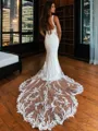 Sheath/Column Fashion V-neck Cathedral Train Stretch Crepe Wedding Dress With Appliques Lace
