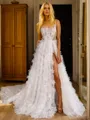 Glam A-line Square Cathedral Train Corset Wedding Dress With Slit