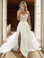 Graceful A-line Sweetheart Cathedral Train Satin Corset Wedding Dress With Slit