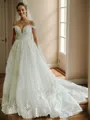Gorgeous A-line Off-the-Shoulder Cathedral Train Tulle Wedding Dress With Appliques Lace