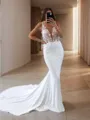 Sheath/Column Enchanting V-neck Chapel Train Stretch Crepe Wedding Dress With Appliques Lace